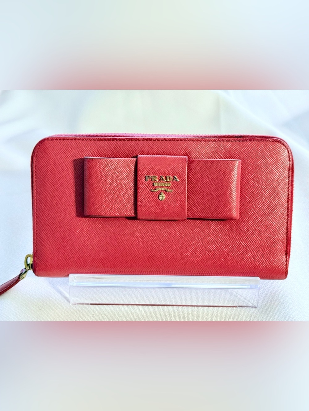 Prada PinkSaffiano Leather Zip-Around Wallet with Bow